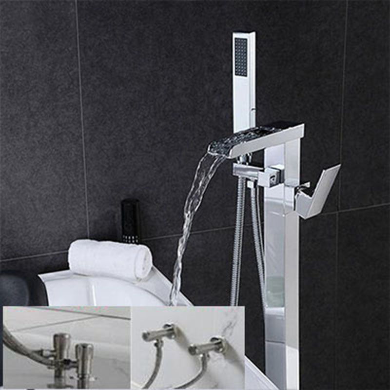 Brass Freestanding Tub Filler with Waterfall Spout Floor Mounted Bathroom Faucet
