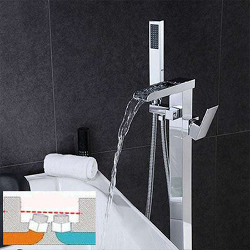 Brass Freestanding Tub Filler with Waterfall Spout Floor Mounted Bathroom Faucet