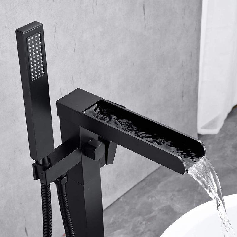 Brass Freestanding Tub Filler with Waterfall Spout Floor Mounted Bathroom Faucet