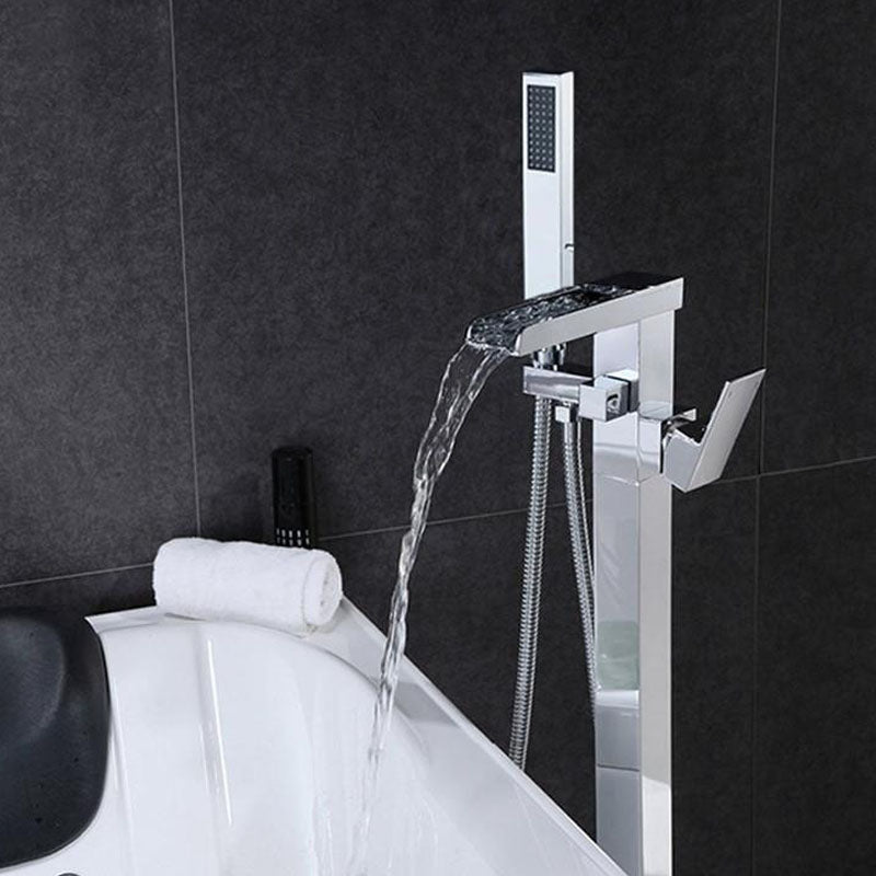 Brass Freestanding Tub Filler with Waterfall Spout Floor Mounted Bathroom Faucet