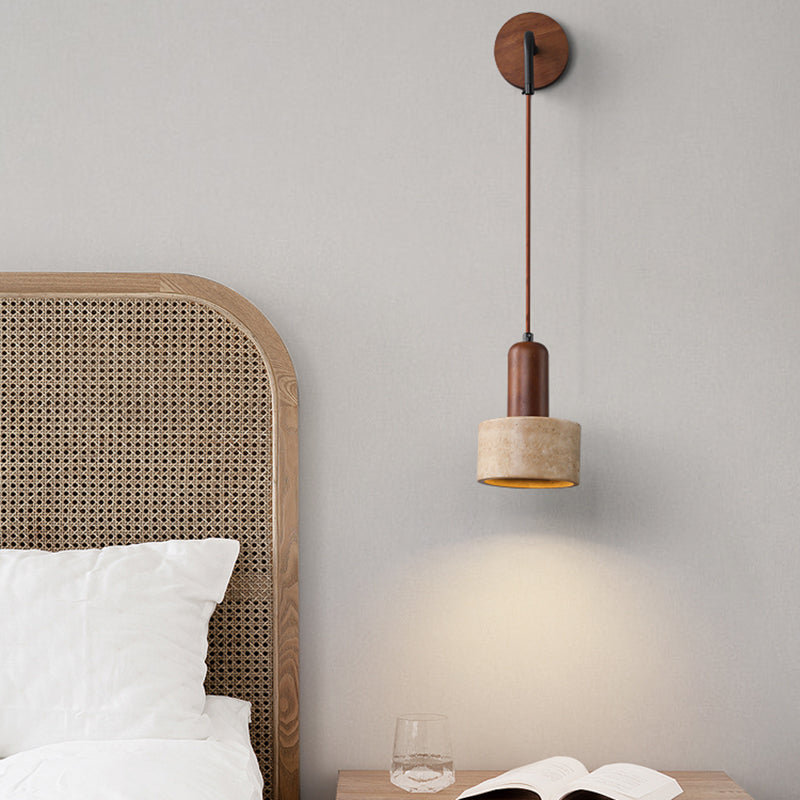 Stone and Wood Wall Lighting Cylinder Modern Wall Sconce in Brown