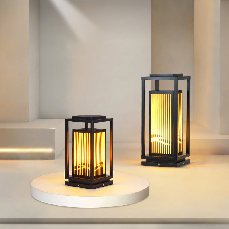 Rectangle Solar Pillar Lamp Contemporary Metal Outdoor Waterproof Light in Black