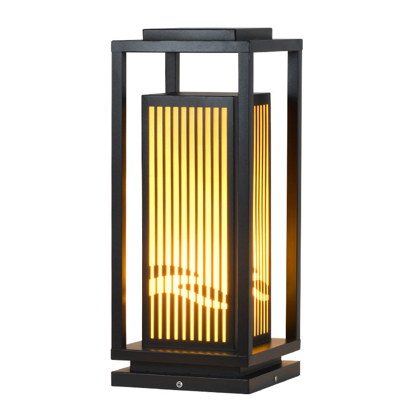 Rectangle Solar Pillar Lamp Contemporary Metal Outdoor Waterproof Light in Black