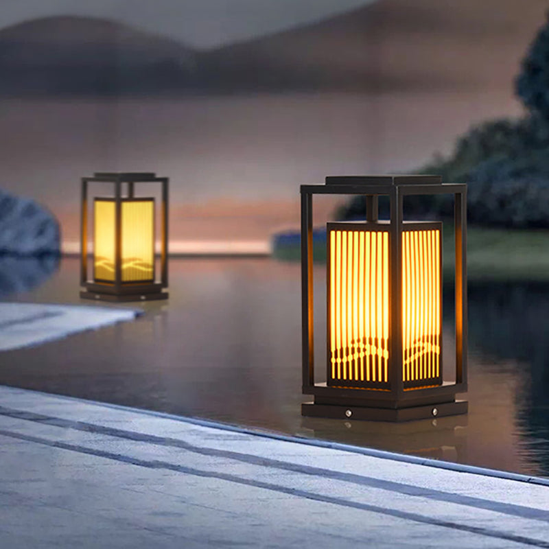 Rectangle Solar Pillar Lamp Contemporary Metal Outdoor Waterproof Light in Black