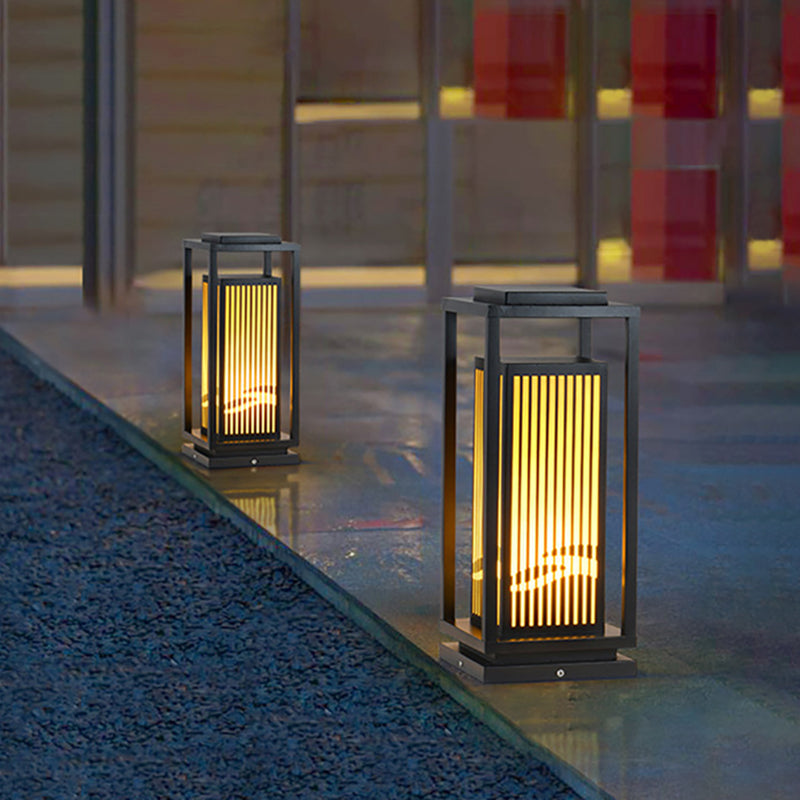 Rectangle Solar Pillar Lamp Contemporary Metal Outdoor Waterproof Light in Black