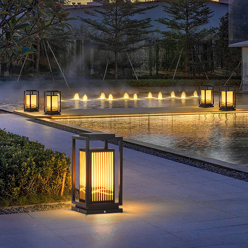Rectangle Solar Pillar Lamp Contemporary Metal Outdoor Waterproof Light in Black