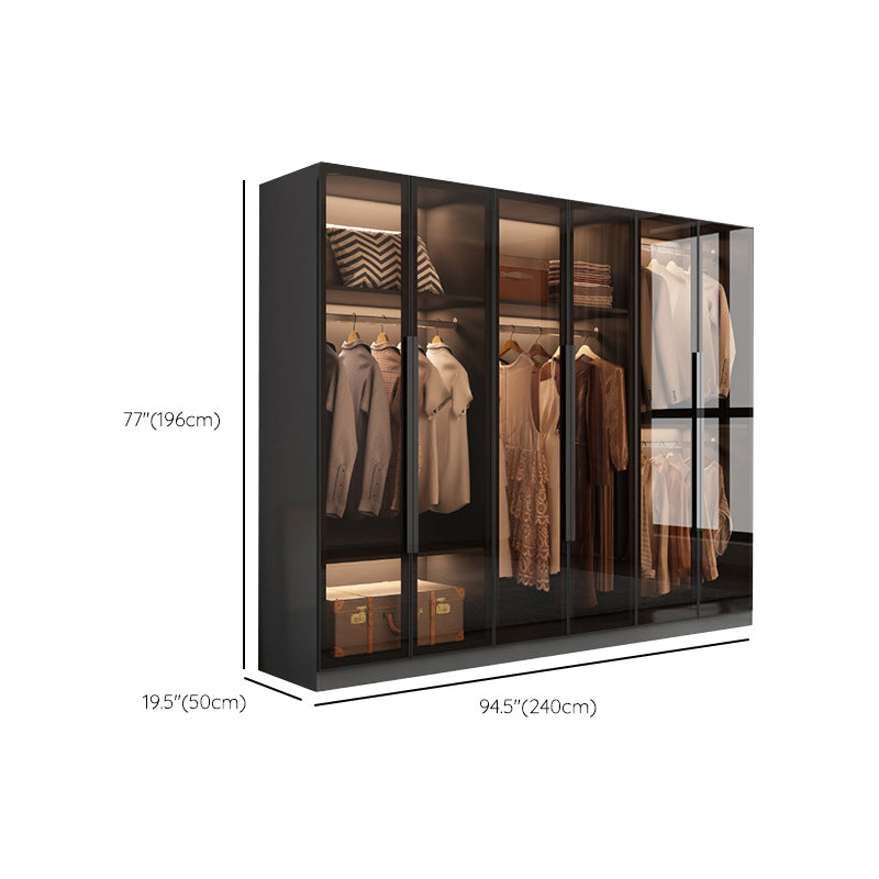 Freestanding Grey Wood Frame Wardrobe Modern Multifunctional Wardrobe with Glass Doors