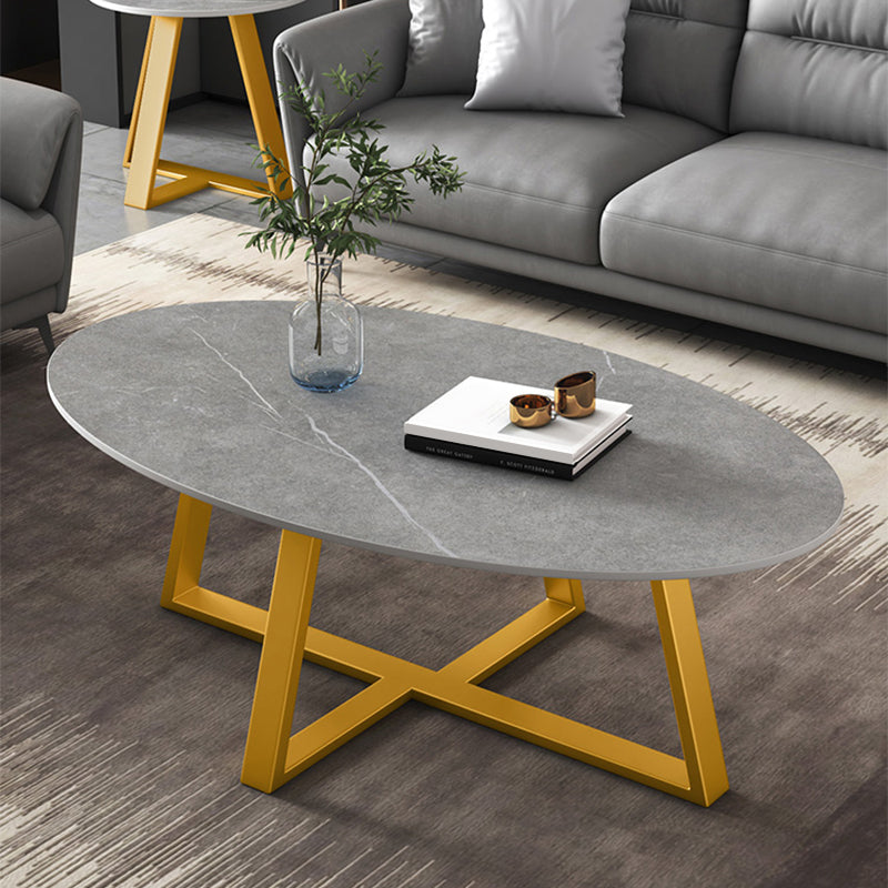 Slate Oval Coffee Table Cross Legs Single Table for Living Room
