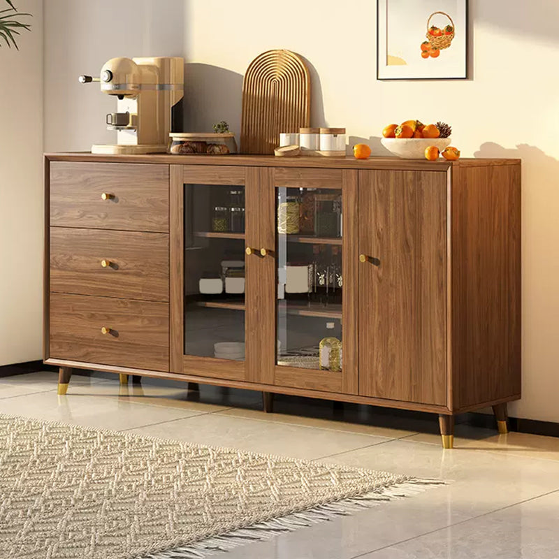 Modern Faux Wood China Cabinet Glass Doors Dining Hutch with Drawers