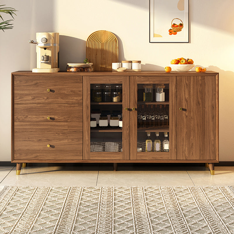 Modern Faux Wood China Cabinet Glass Doors Dining Hutch with Drawers