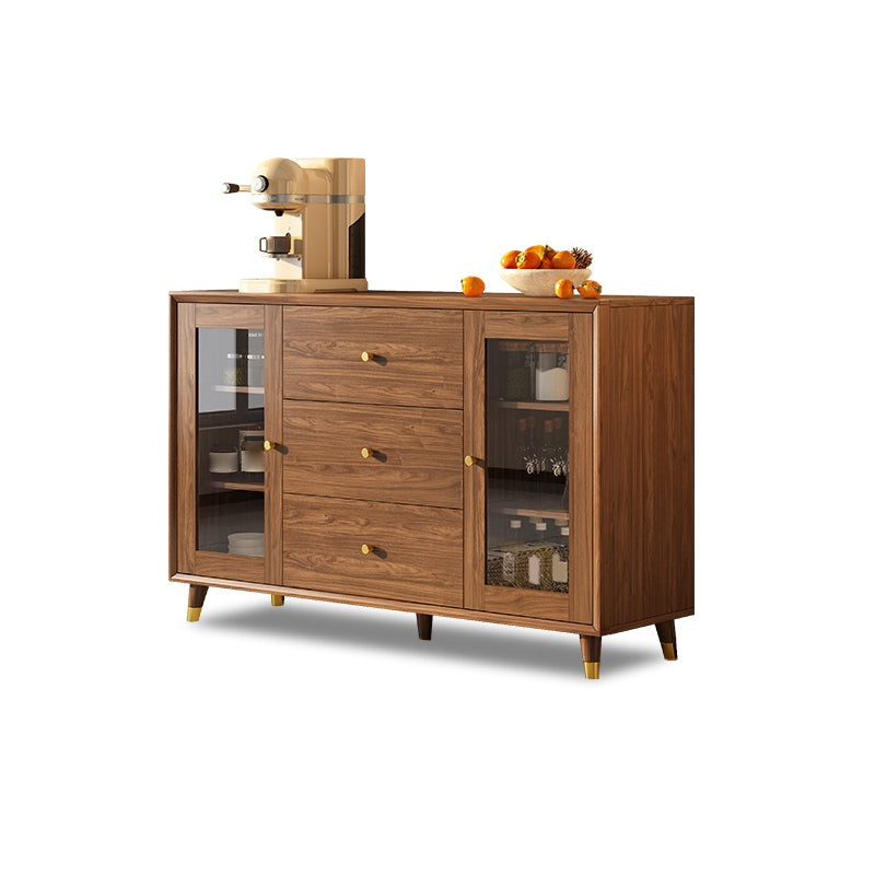 Modern Faux Wood China Cabinet Glass Doors Dining Hutch with Drawers