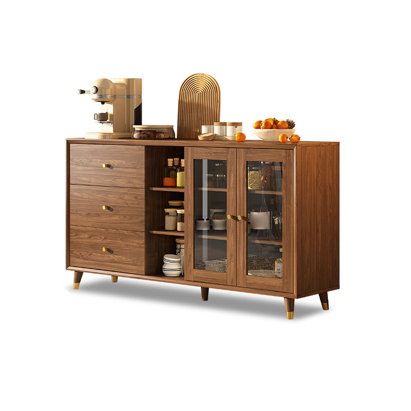 Modern Faux Wood China Cabinet Glass Doors Dining Hutch with Drawers