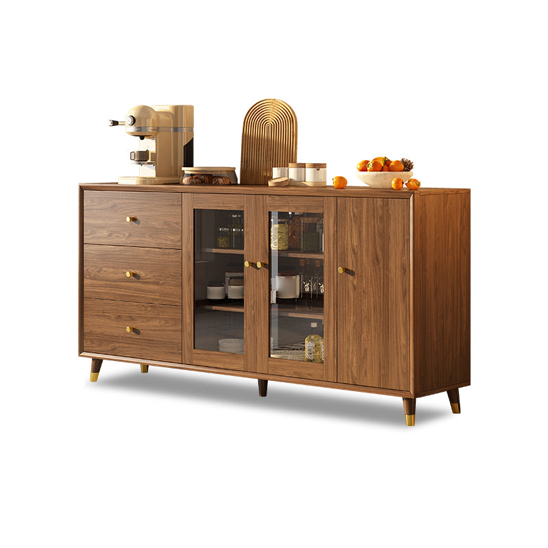 Modern Faux Wood China Cabinet Glass Doors Dining Hutch with Drawers