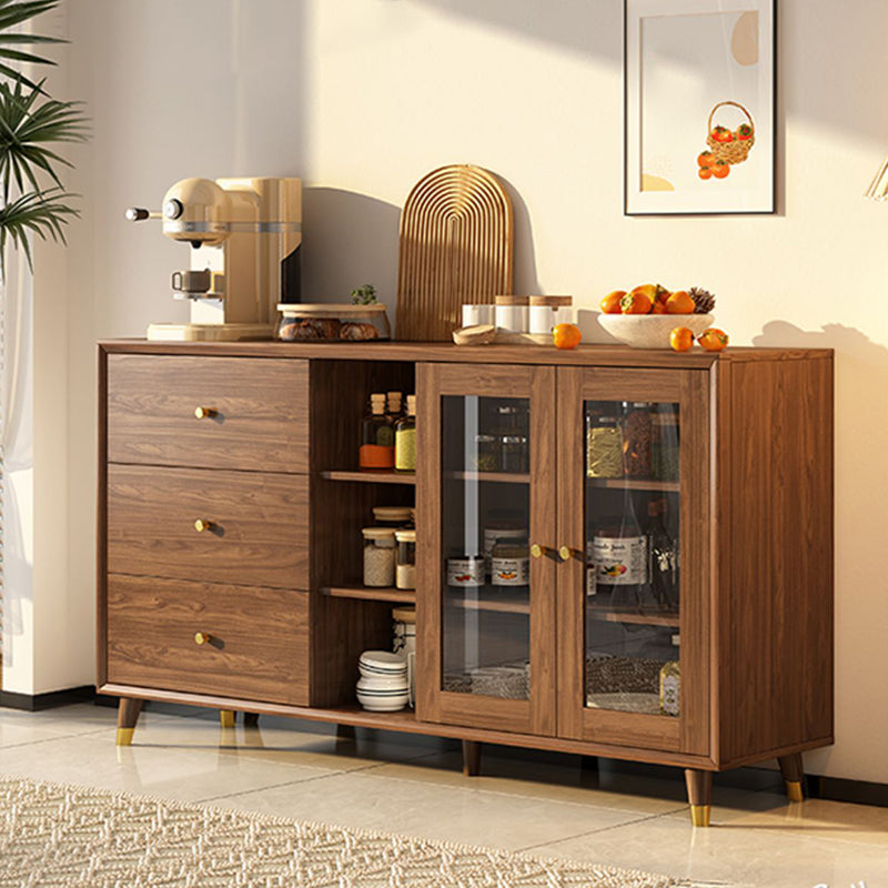 Modern Faux Wood China Cabinet Glass Doors Dining Hutch with Drawers