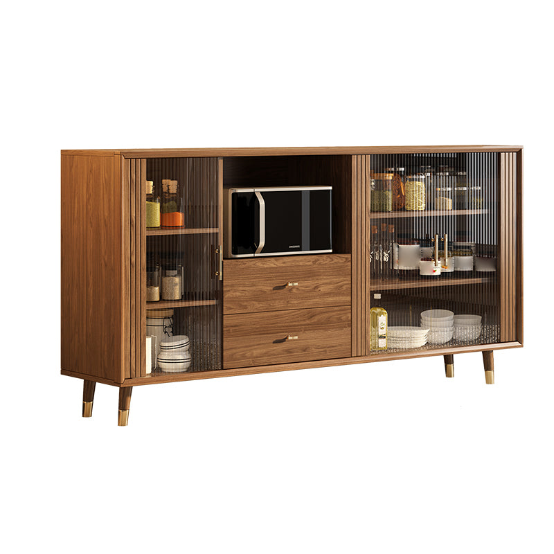 Modern Faux Wood China Cabinet Glass Doors Dining Hutch with Drawers