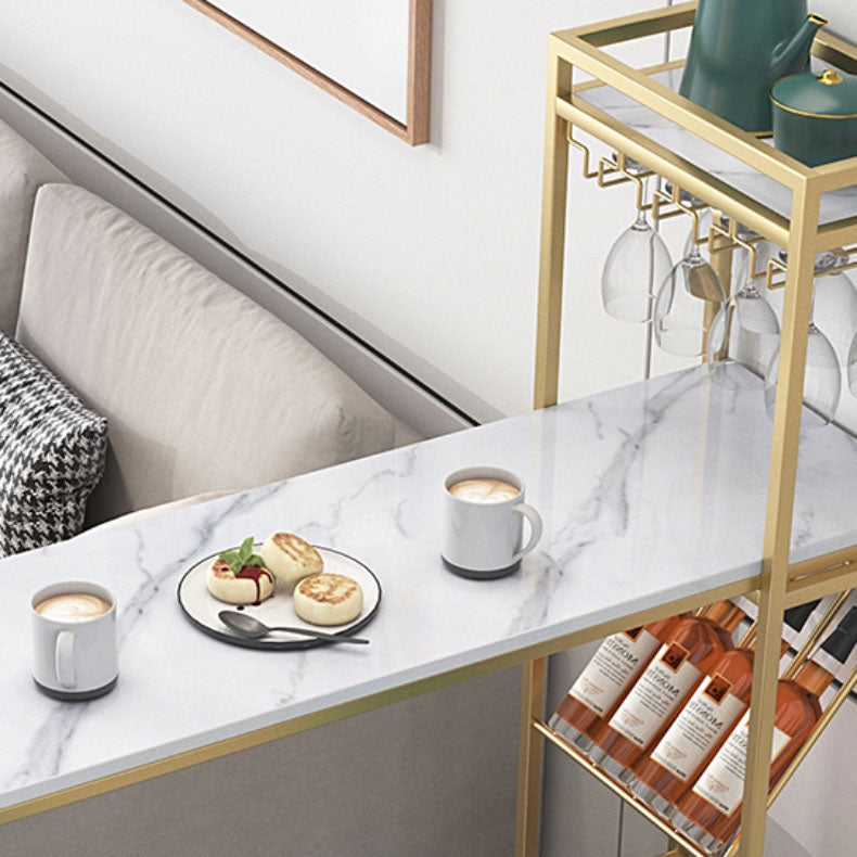 White Stone Bar Table with Storage Modern Specialty Pub Table for Dining Room