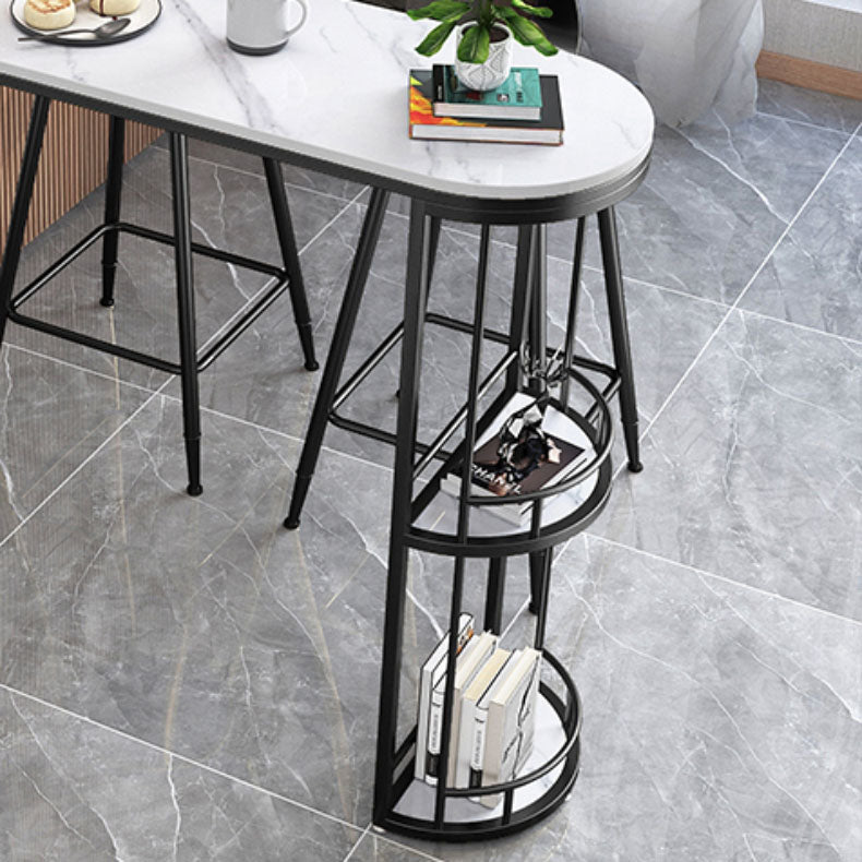 White Stone Bar Table with Storage Modern Specialty Pub Table for Dining Room