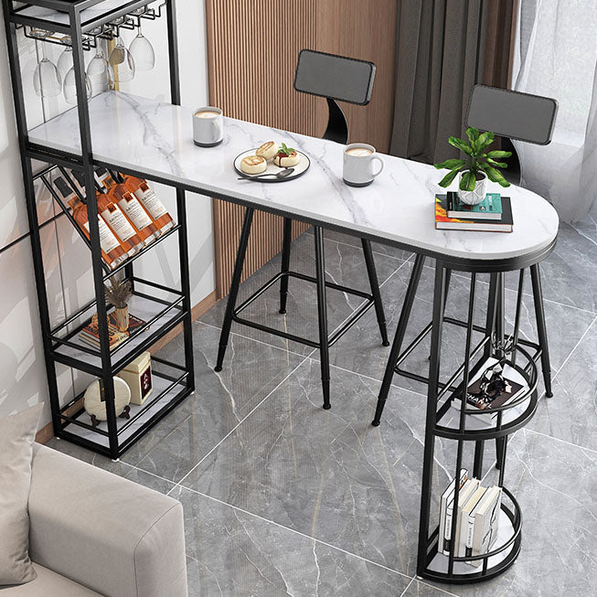 White Stone Bar Table with Storage Modern Specialty Pub Table for Dining Room