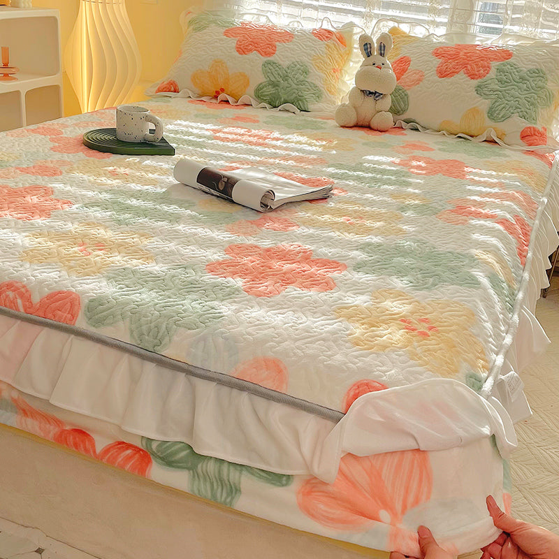 Trendy Fitted Sheet Plant Printed Non-Pilling Fade Resistant Flannel Fitted Sheet