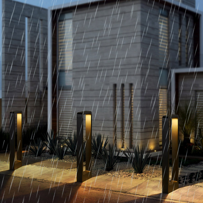 Contemporary Metal Pillar Lamp Rectangle Shape Outdoor Waterproof Light with Glass Shade