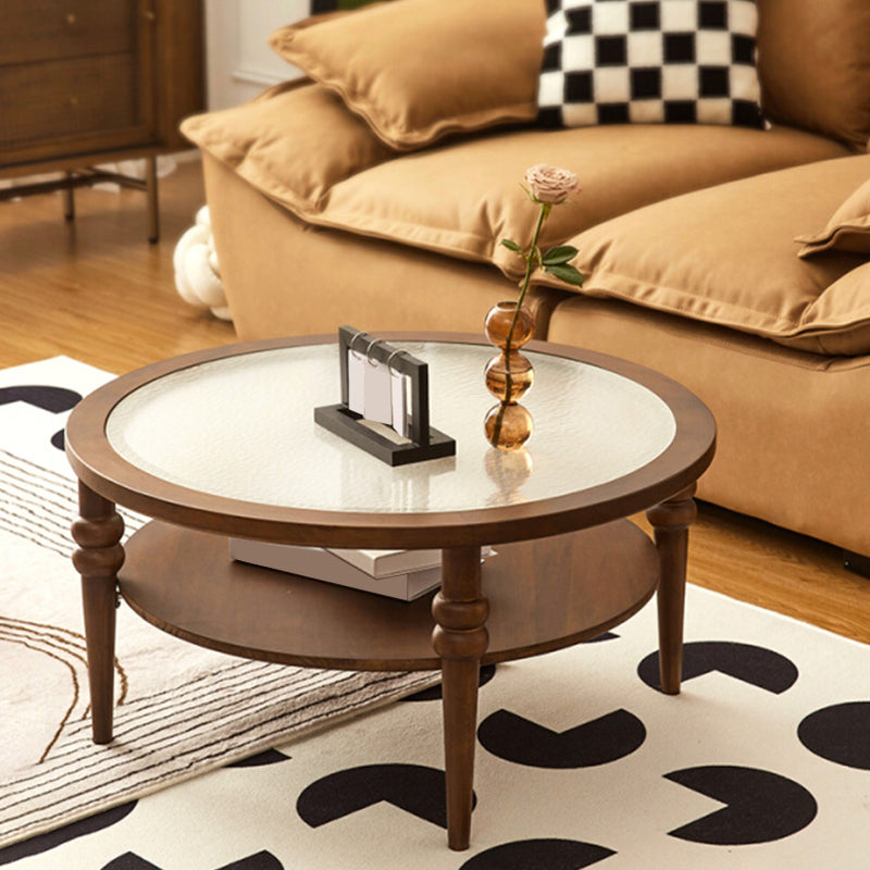 Modern Glass Top Coffee Table Solid Wood Brown Table with Storage