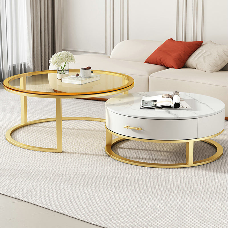 Gold Glass Top Coffee Table Set Frame Cocktail Table with Drawers
