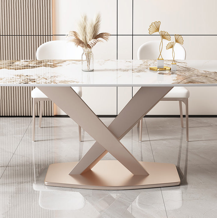 Glam Stone Rectangle Dining Table Metal Base for Dining Room