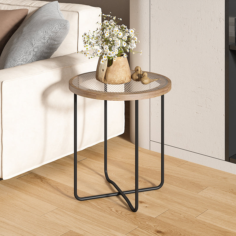 Round Glass Top Coffee Table Set Frame Cocktail Table with Wood Accent
