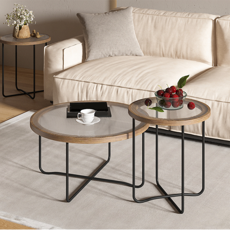 Round Glass Top Coffee Table Set Frame Cocktail Table with Wood Accent