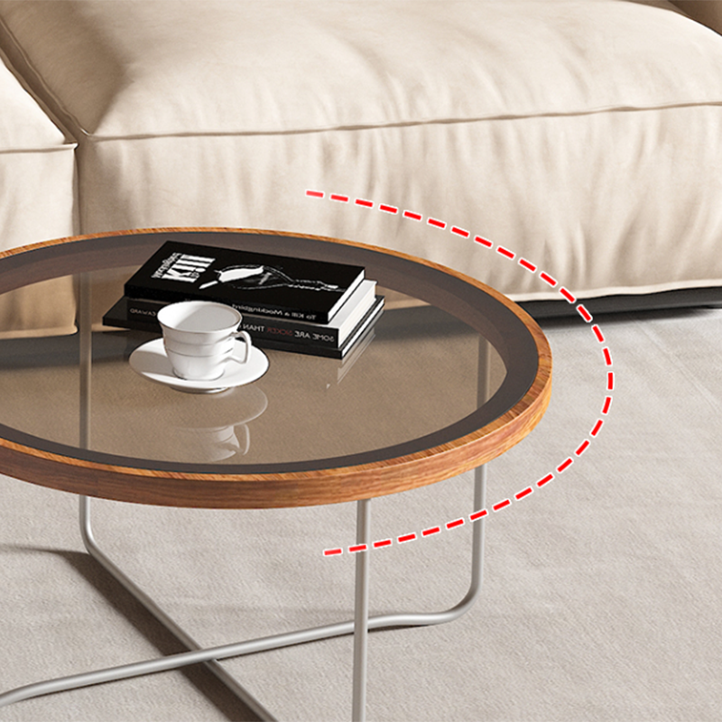 Round Glass Top Coffee Table Set Frame Cocktail Table with Wood Accent