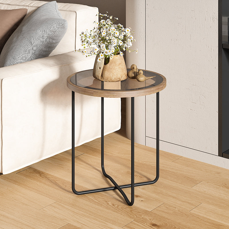 Round Glass Top Coffee Table Set Frame Cocktail Table with Wood Accent