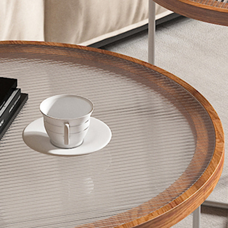 Round Glass Top Coffee Table Set Frame Cocktail Table with Wood Accent