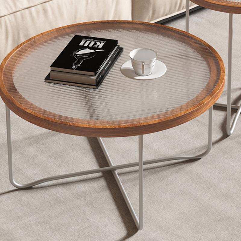 Round Glass Top Coffee Table Set Frame Cocktail Table with Wood Accent