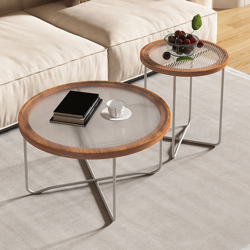 Round Glass Top Coffee Table Set Frame Cocktail Table with Wood Accent