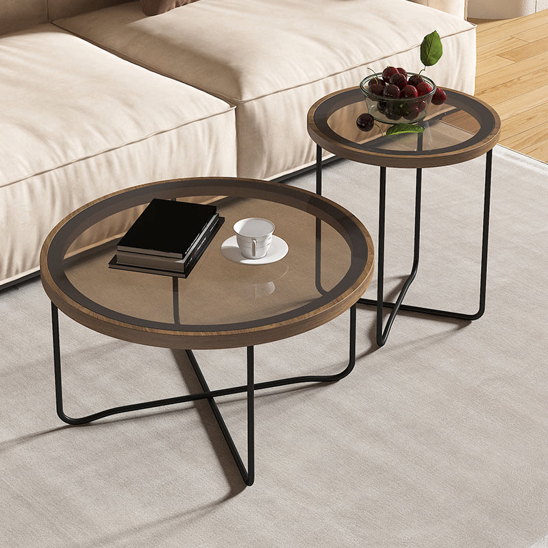 Round Glass Top Coffee Table Set Frame Cocktail Table with Wood Accent