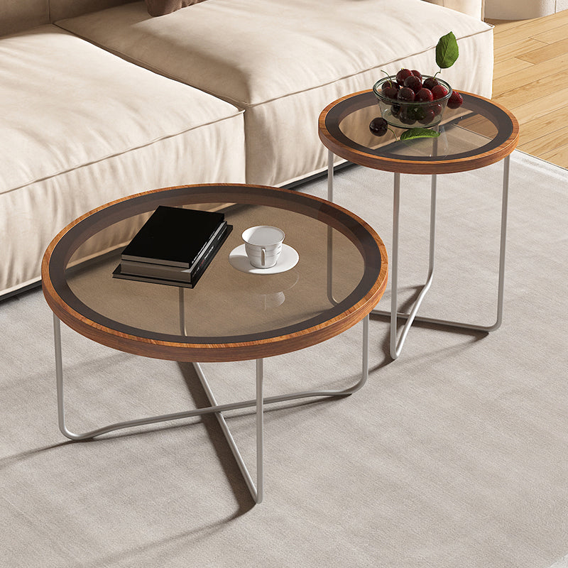Round Glass Top Coffee Table Set Frame Cocktail Table with Wood Accent