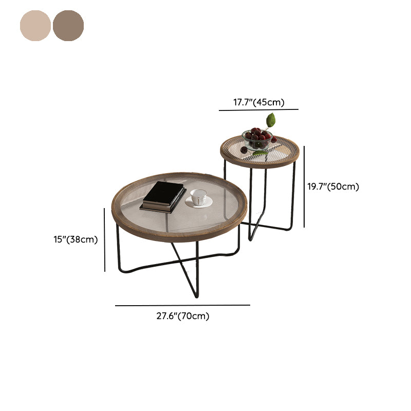 Round Glass Top Coffee Table Set Frame Cocktail Table with Wood Accent