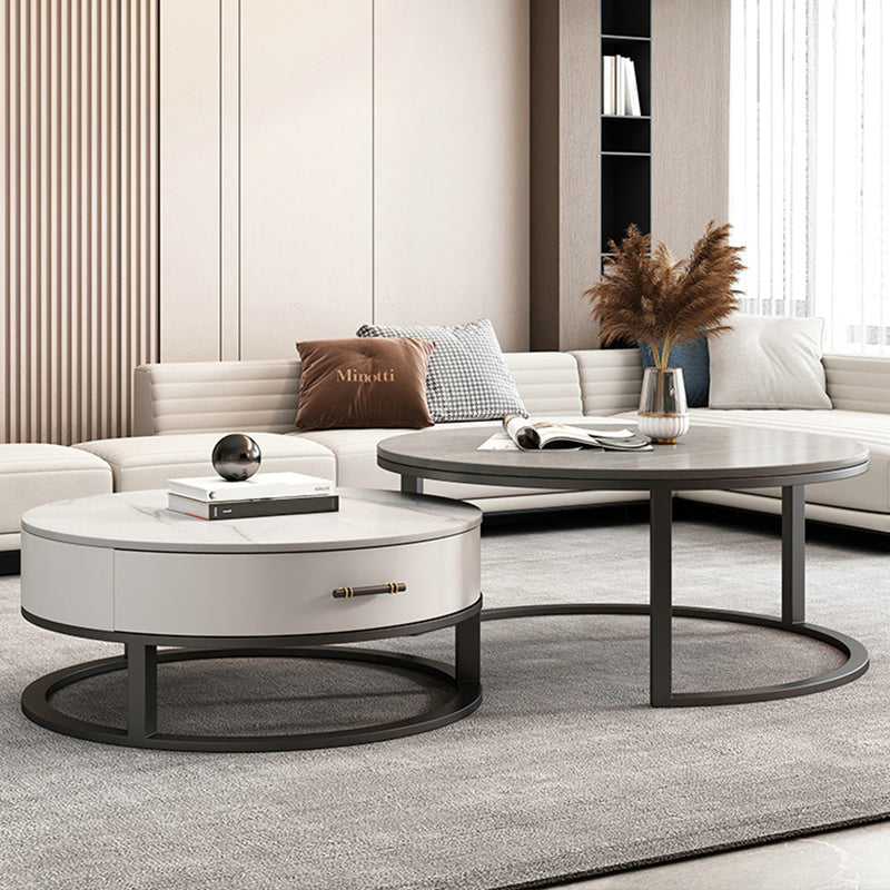 Slate Top Coffee Table Set Round Frame Cocktail Table with Drawers