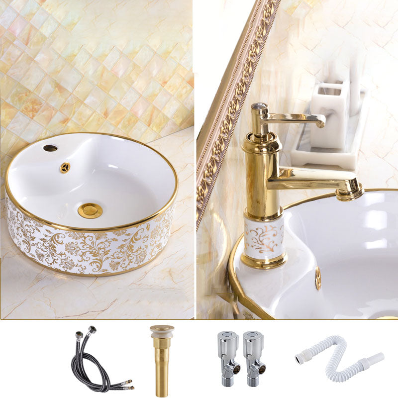 Traditional Vessel Sink Oval Porcelain with Pop-Up Drain and Faucet Vessel Lavatory Sink