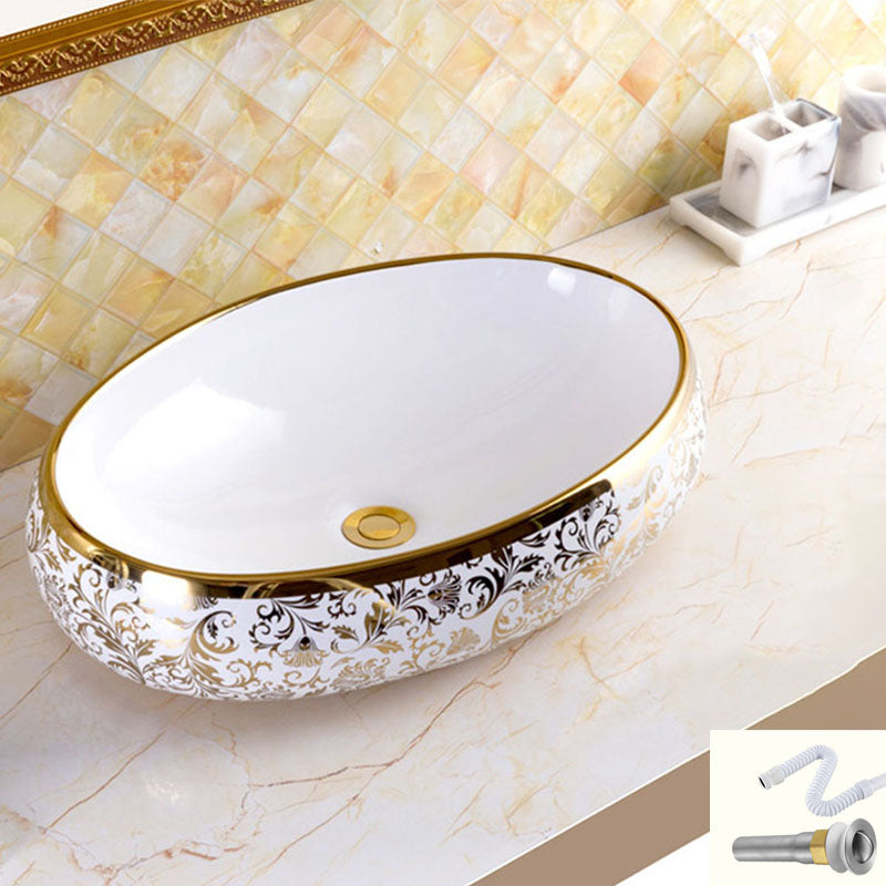 Traditional Vessel Sink Oval Porcelain with Pop-Up Drain and Faucet Vessel Lavatory Sink