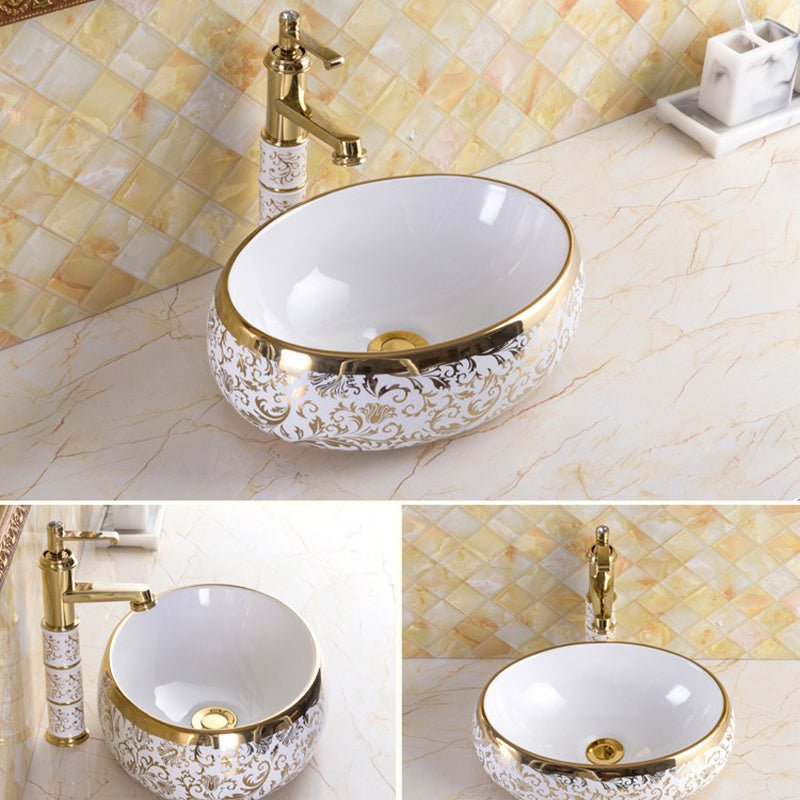 Traditional Vessel Sink Oval Porcelain with Pop-Up Drain and Faucet Vessel Lavatory Sink