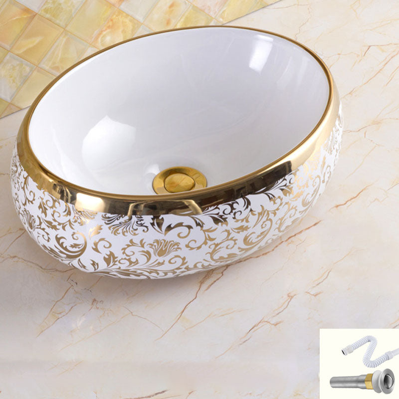 Traditional Vessel Sink Oval Porcelain with Pop-Up Drain and Faucet Vessel Lavatory Sink