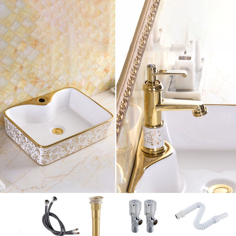 Traditional Vessel Sink Oval Porcelain with Pop-Up Drain and Faucet Vessel Lavatory Sink