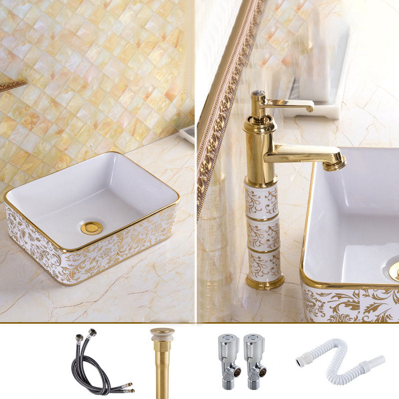 Traditional Vessel Sink Oval Porcelain with Pop-Up Drain and Faucet Vessel Lavatory Sink