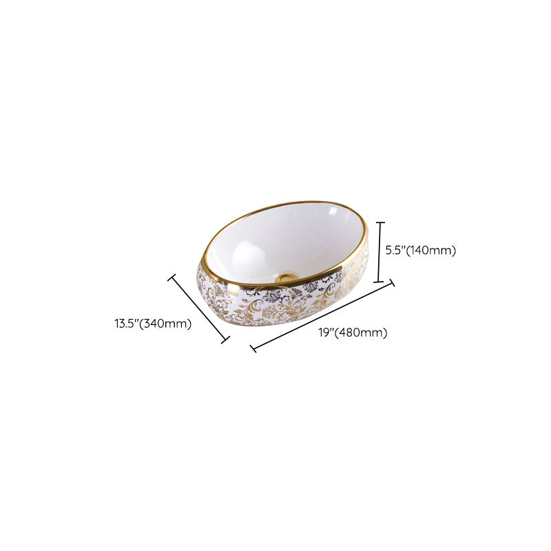 Traditional Vessel Sink Oval Porcelain with Pop-Up Drain and Faucet Vessel Lavatory Sink