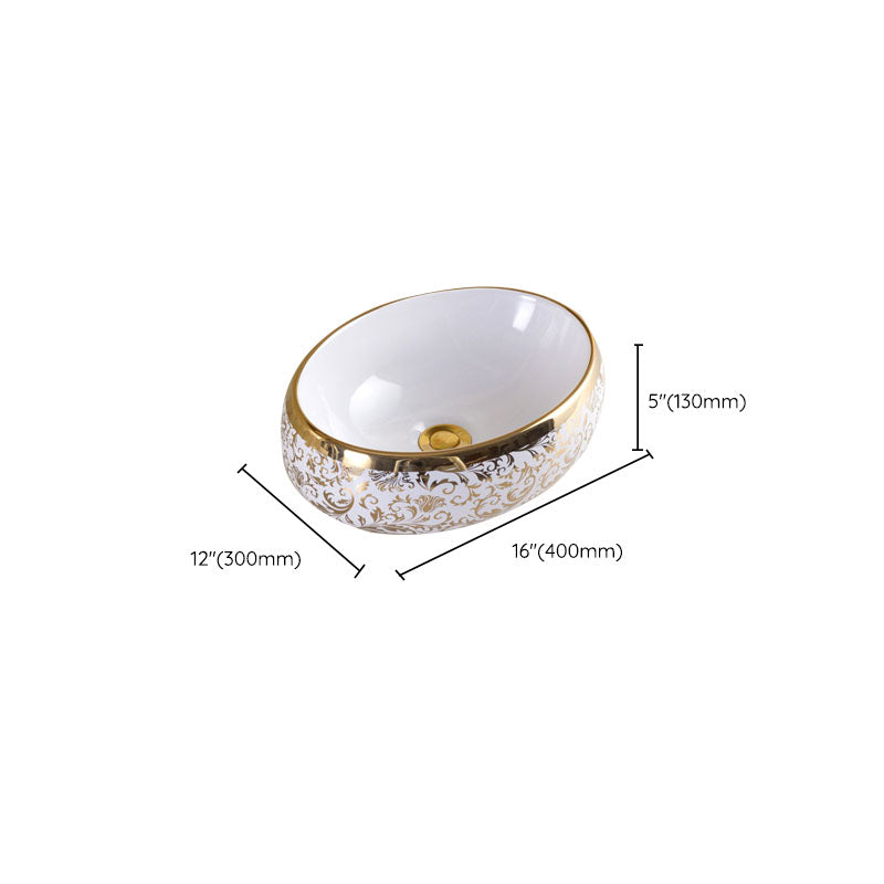 Traditional Vessel Sink Oval Porcelain with Pop-Up Drain and Faucet Vessel Lavatory Sink
