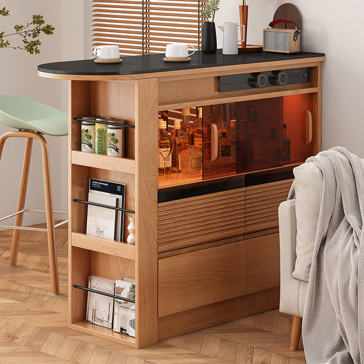 Modern Stone Bar Table with Lockers and Wood Base for Living Room