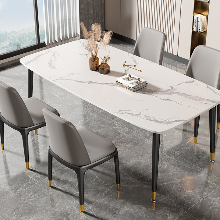 Rectangle Stone Top Dining Table Glam Style Kitchen Dining Table with Black Legs