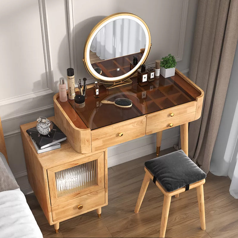 Glass Vanity Table Drawers Stool Vanity Set with Lights Mirror