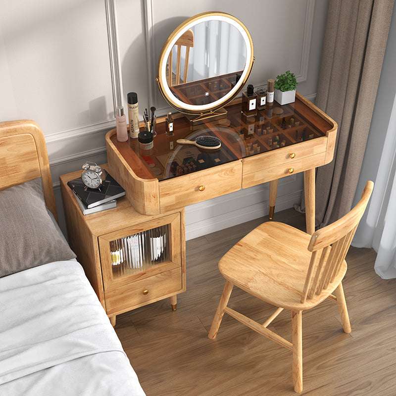 Glass Vanity Table Drawers Stool Vanity Set with Lights Mirror